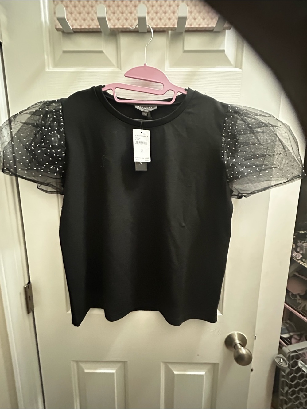 Gracia Black Tee with Sheer Polka-Dot Puff Sleeves